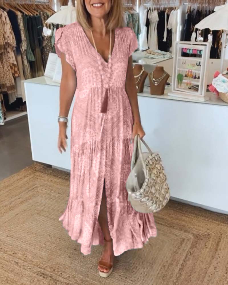V-Neck Flutter Sleeve Buttoned Tiered Boho Maxi Dress - View 14