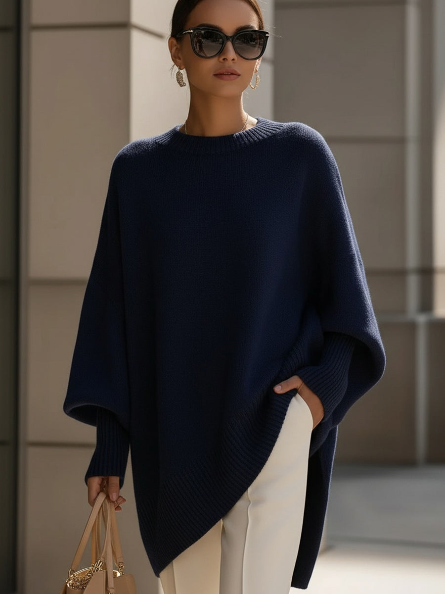 Crew Neck Oversized Asymmetric Hem Poncho Sweater 10