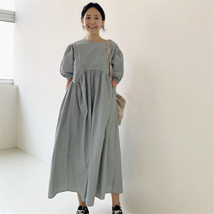 Puff Sleeve Round Neck Empire Waist Gathered Maxi Summer Dress - View 2