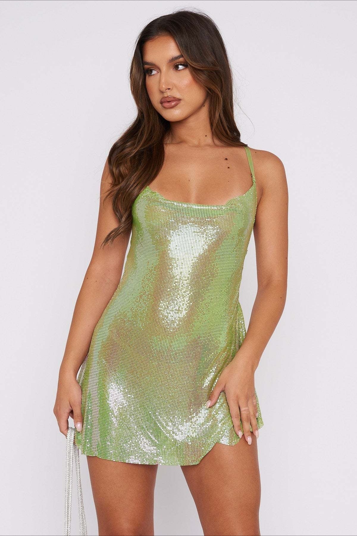 Sequin Chainmail Cowl Neck Spaghetti Strap Bodycon Mini Party Dress - View 7