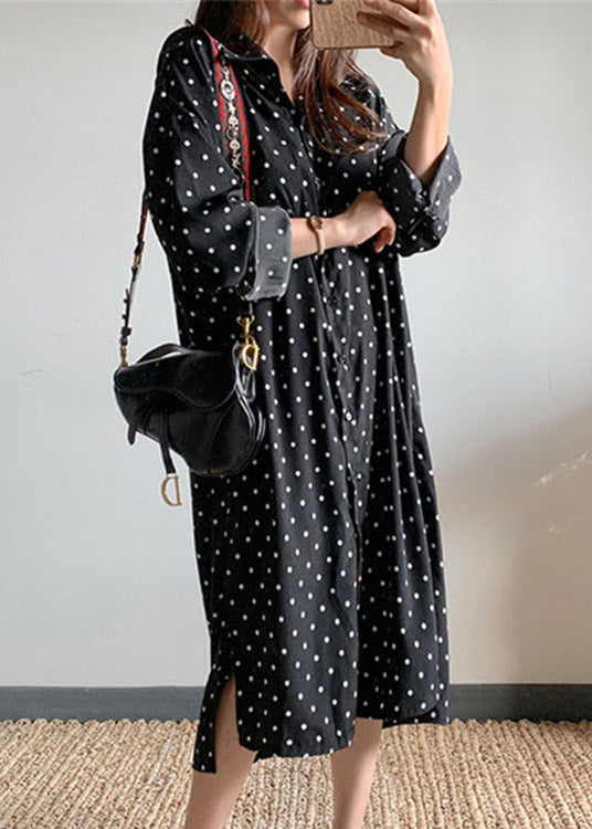 Polka Dot Shirt Collar Long Sleeve Side Slit Midi Shirt Dress