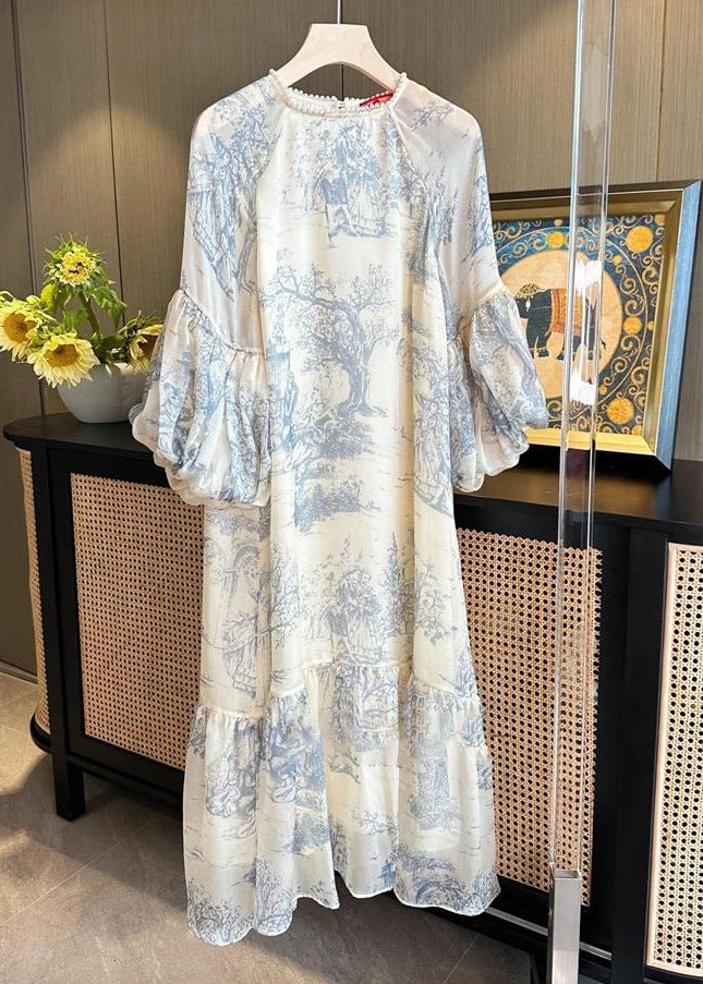 Toile Print Pearl Trim Crew Neck Balloon Sleeve Tiered Midi Dress - View 3