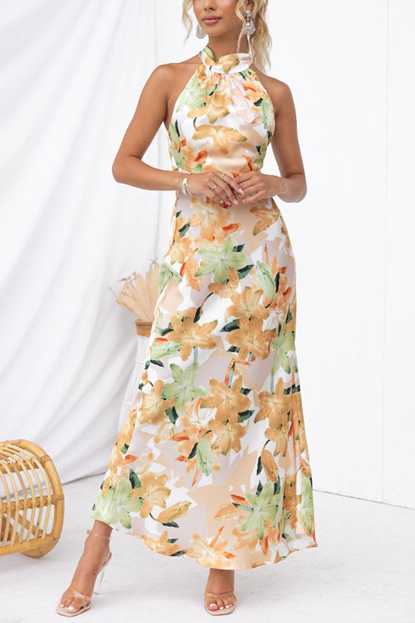 Satin Floral Halter Neck Backless Maxi Dress - View 3