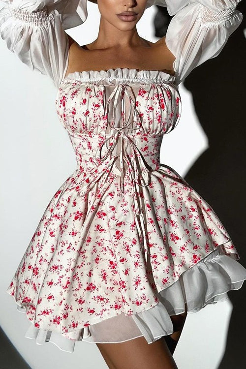 Off Shoulder Puff Sleeve Floral Print Fit and Flare Mini Dress - View 4
