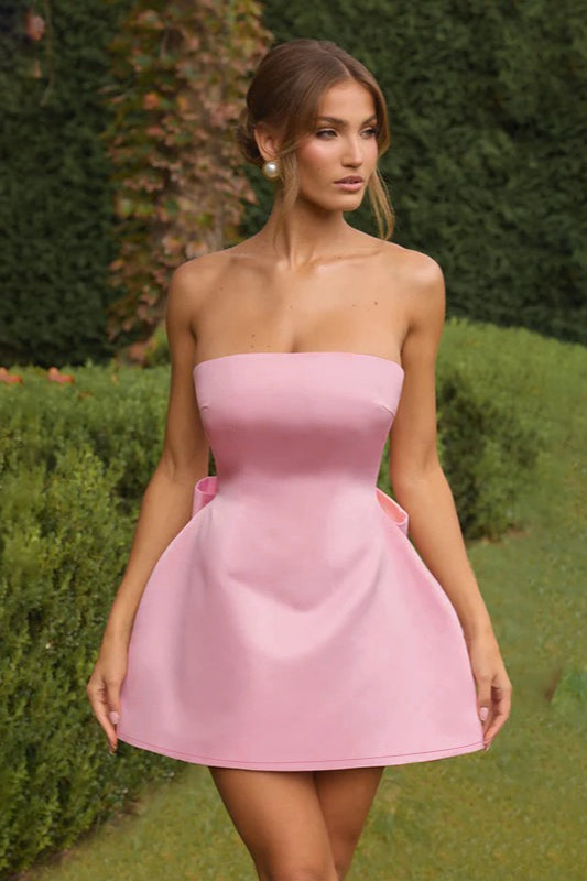 Strapless Satin Bow Back Fit and Flare Mini Party Dress