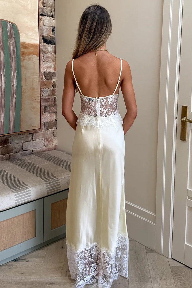 V-Neck Spaghetti Strap Lace Trim Satin Slip Maxi Dress 4