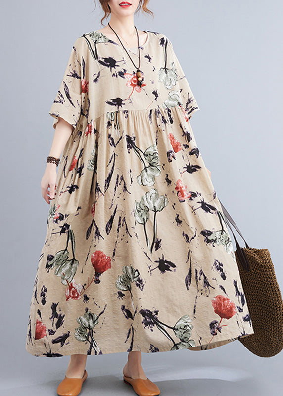 Floral Print Round Neck Elbow Sleeve Empire Waist Oversized Maxi Dress - View 2