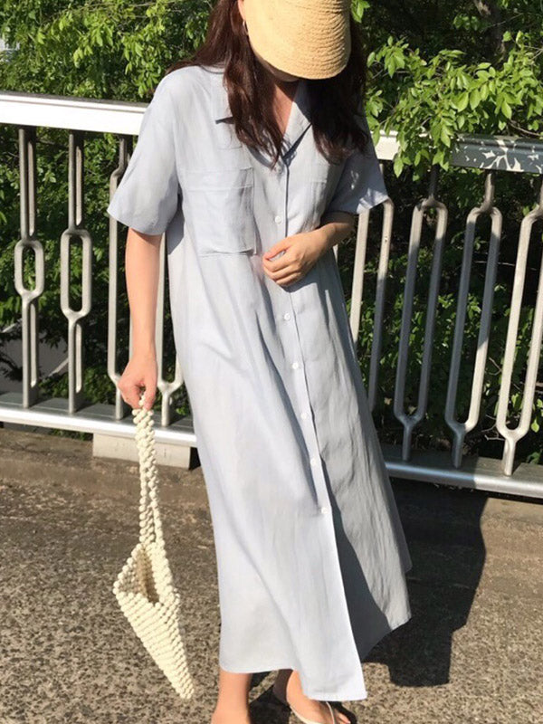 Notched Collar Button Front Patch Pocket Rolled Maxi Shirt Dress - View 10