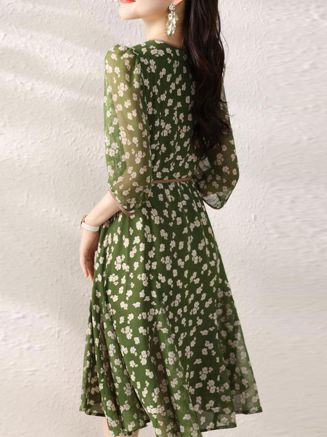 Floral Print Wrap V-Neck Puff Sleeve Tie Waist Dress - View 4