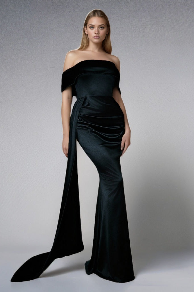 Solid Satin Off-Shoulder High-Waist Mermaid Silk Dress - View 7