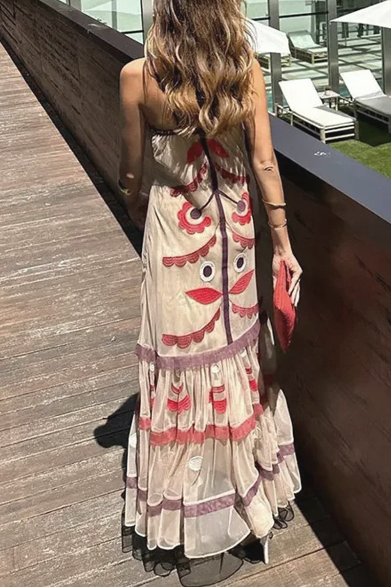 Embroidered Folk Motif Square Neck Spaghetti Strap Maxi Dress - View 3