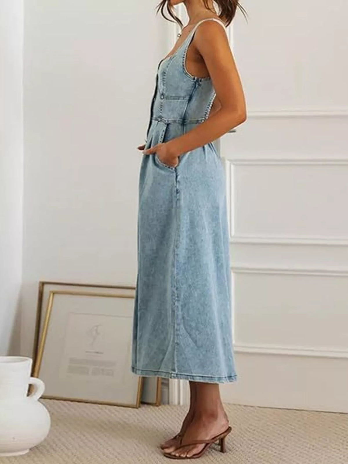 Sweetheart Neck Button Front Denim Look Midi Dress 2