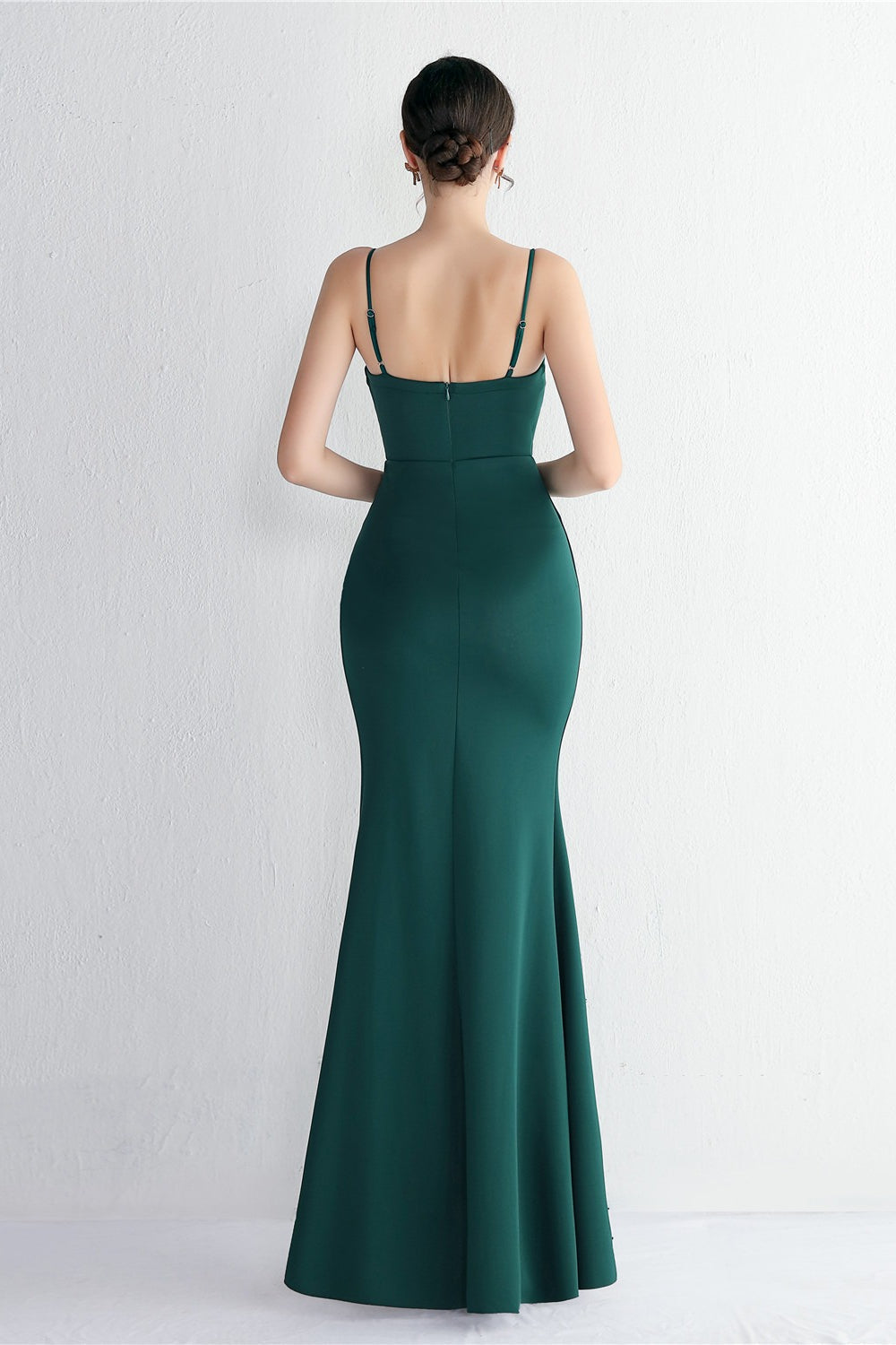 Satin Spaghetti Strap V-Neck Ruched High Split Maxi Gown - View 12