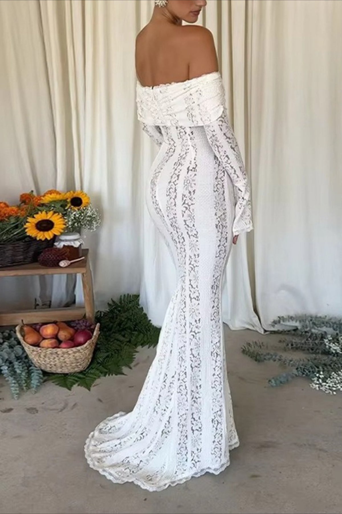 Lace Off Shoulder Long Sleeve Sheer Mermaid Maxi Dress - View 3