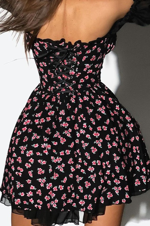 Off Shoulder Puff Sleeve Floral Print Fit and Flare Mini Dress - View 7