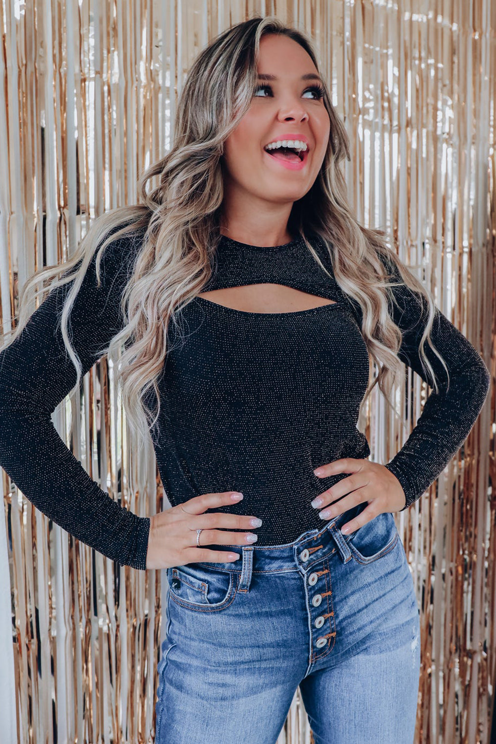 Arm Out In Top Long Metallic Cut Sparkle Black