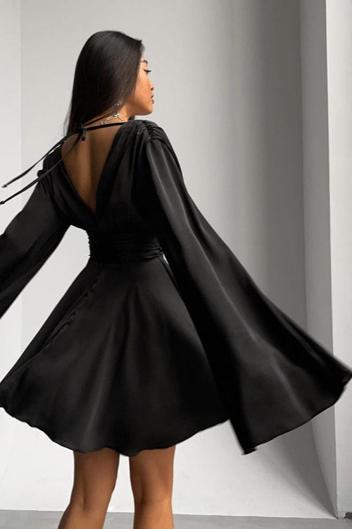 Satin Deep V Backless Flare-Sleeve Silk Dress - View 4