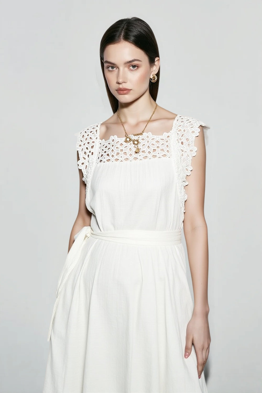 Eyelet Square Neck Ruffle Strap Belted Scalloped Hem Midi Dress 3