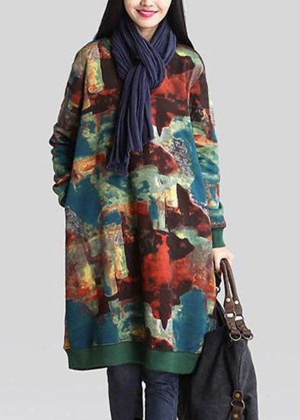 Abstract Print Round Neck Long Sleeve Ribbed Cuff Pocket Dress