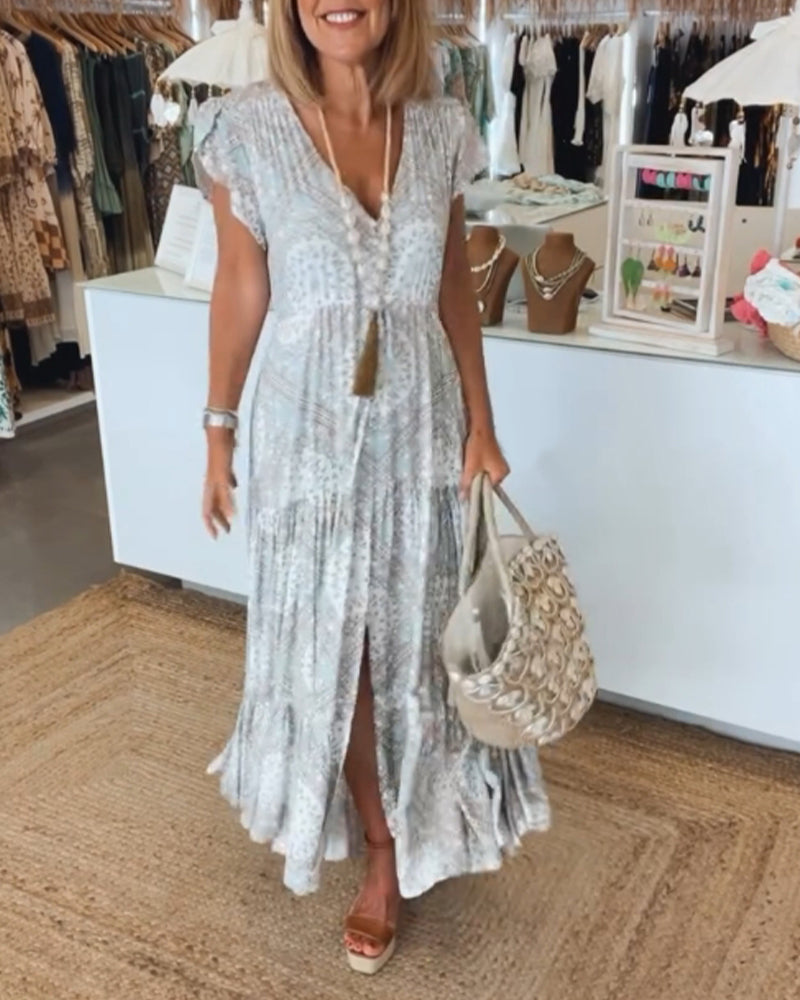 V-Neck Flutter Sleeve Buttoned Tiered Boho Maxi Dress - View 13