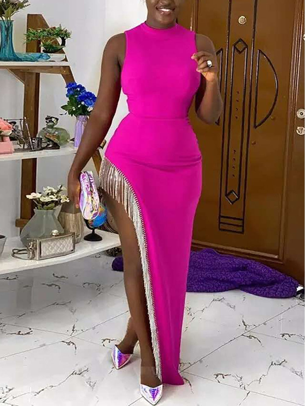 Mock Neck Sleeveless Rhinestone Fringe High Split Maxi Dress 5