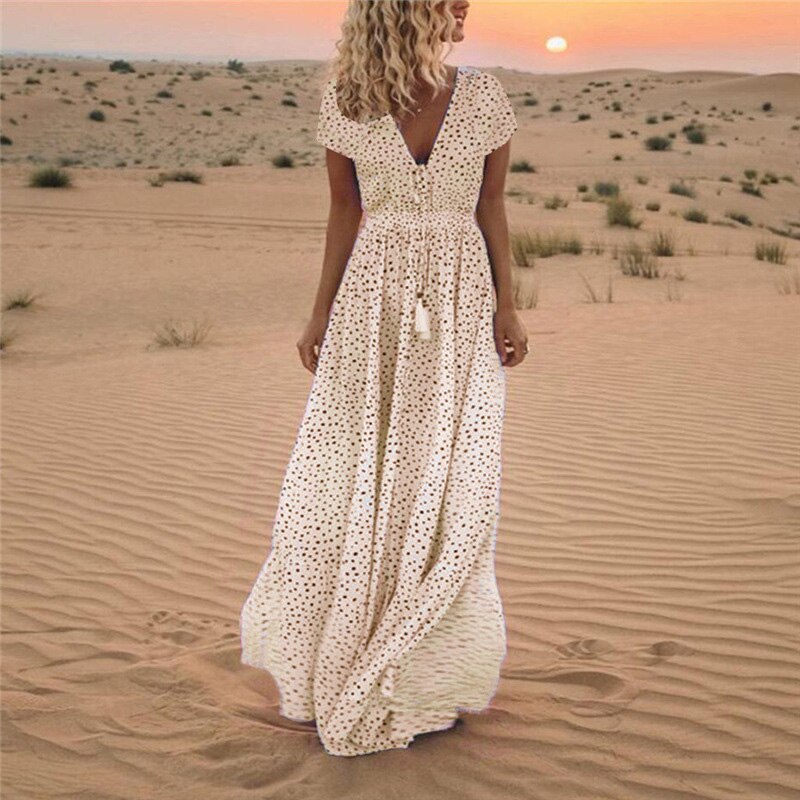 Short Sleeve Deep V-Neck Polka Dot Drawstring Waist Tassel Dress - View 8