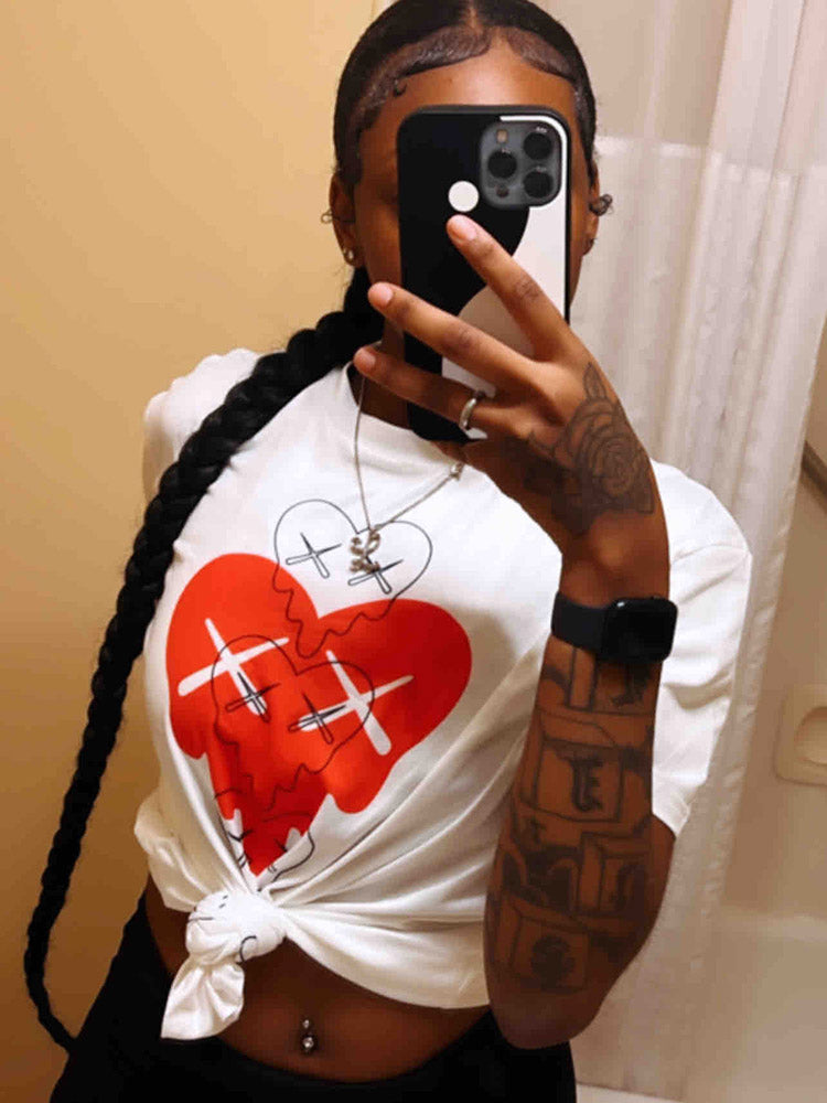 Heart Print Raglan Trendy Short Sleeve Tee