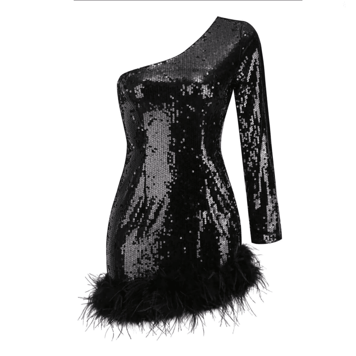 Sequin One Shoulder Long Sleeve Feather Hem Bodycon Mini Party Dress - View 10