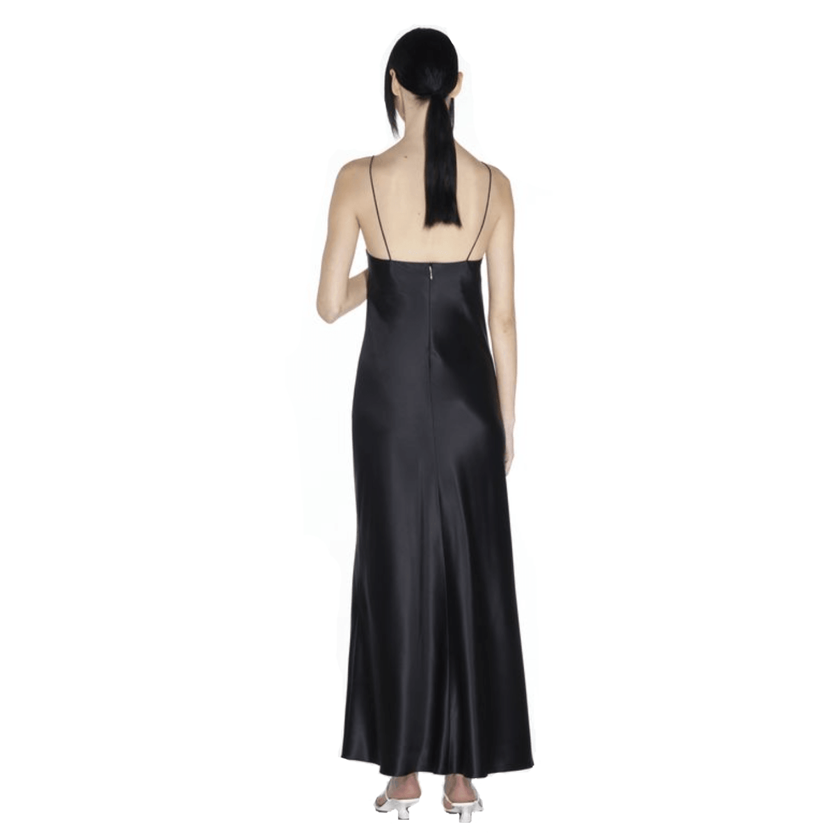 Satin Spaghetti Strap Deep V-Neck Rhinestone Slip Maxi Dress - View 11