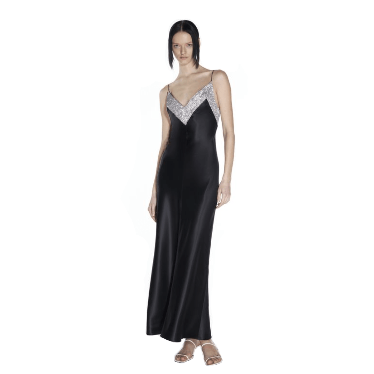 Satin Spaghetti Strap Deep V-Neck Rhinestone Slip Maxi Dress - View 10