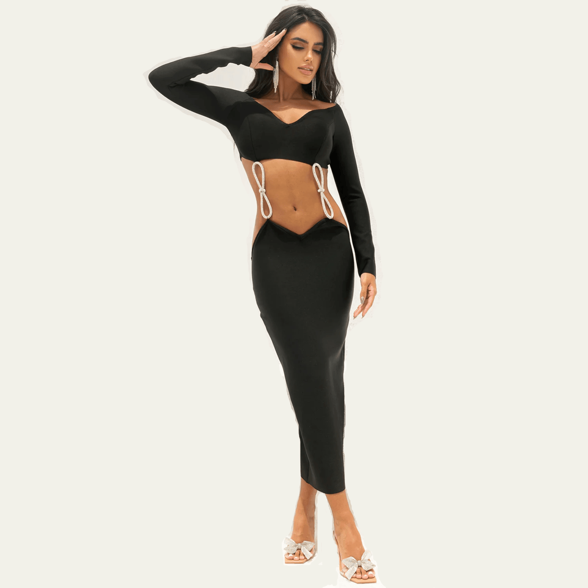Disco Feeling Bow Off Shoulder Bandage Midi Dress - View 7