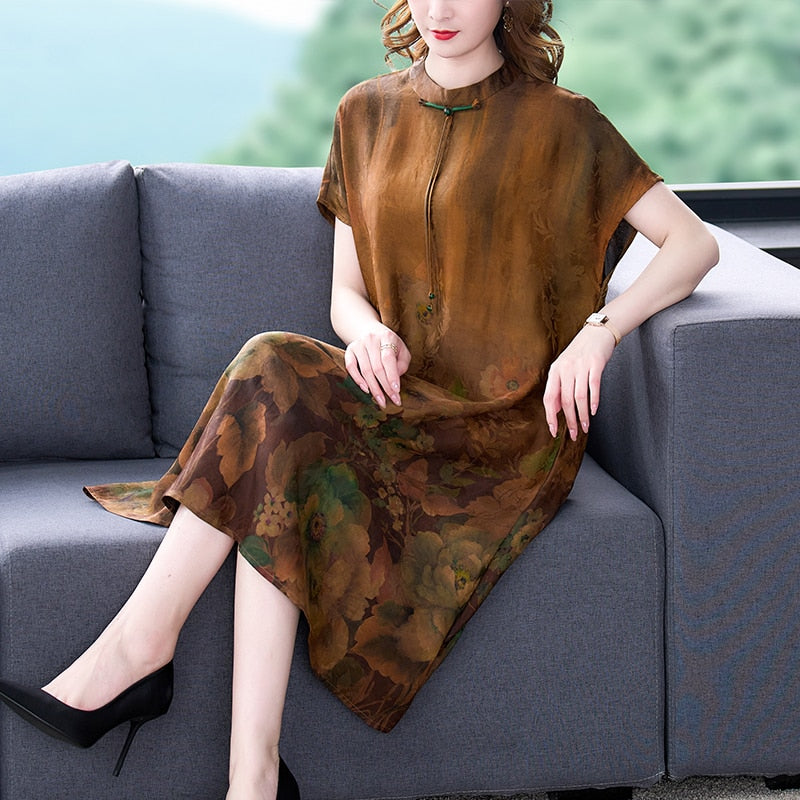 Floral Print Short Sleeve Round Neck Cord Tie Loose Shift Midi Dress - View 3