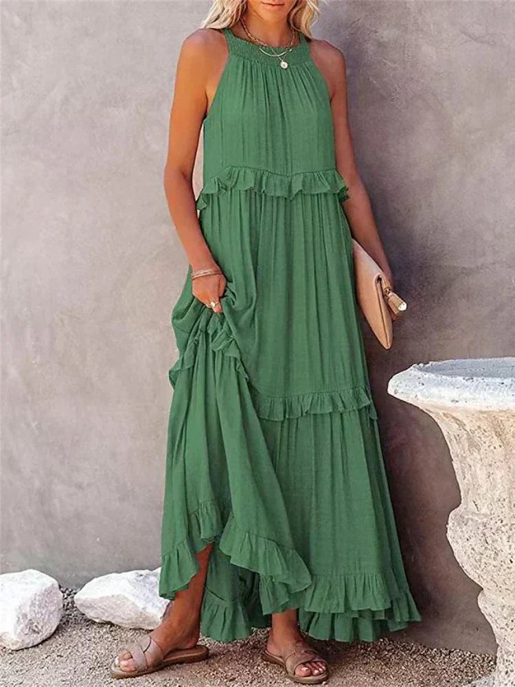 Halter Neck Sleeveless Tiered Ruffle Flowy Maxi Summer Dress - View 5