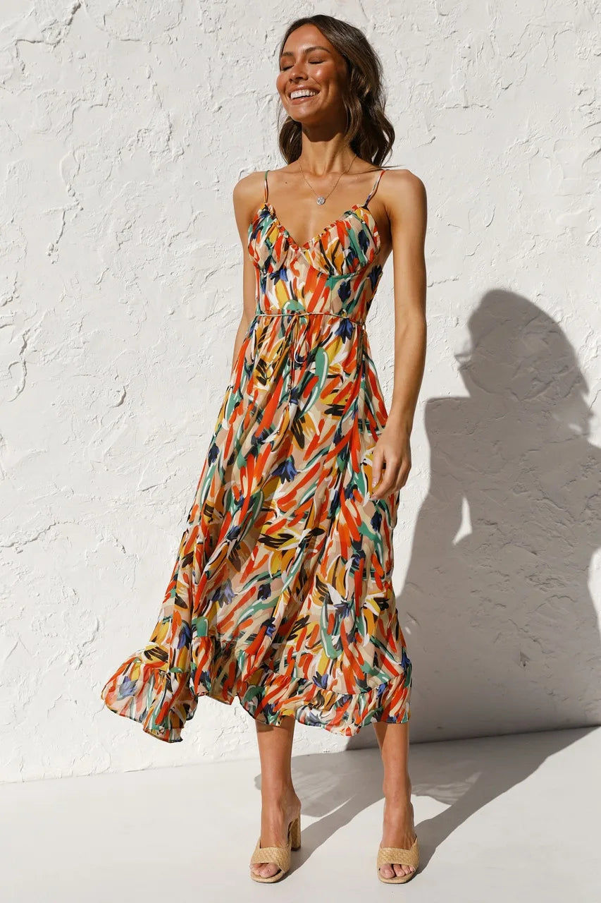 Spaghetti Strap Sweetheart Bustier Tie Waist A-Line Midi Dress - View 3