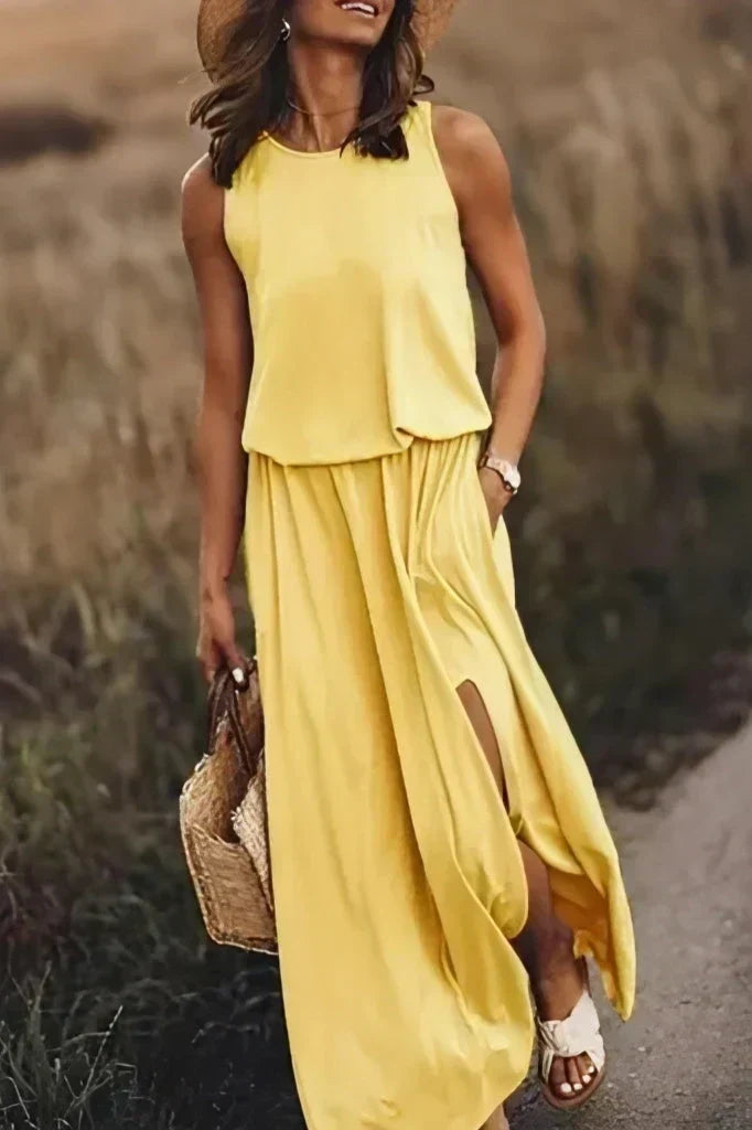 Sleeveless Round Neck Blouson Pocket High Split Knit Summer Maxi Dress - View 2