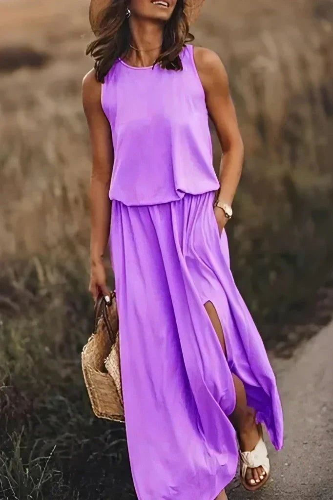 Sleeveless Round Neck Blouson Pocket High Split Knit Summer Maxi Dress - View 6