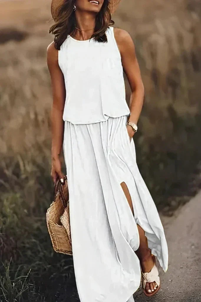 Sleeveless Round Neck Blouson Pocket High Split Knit Summer Maxi Dress - View 5