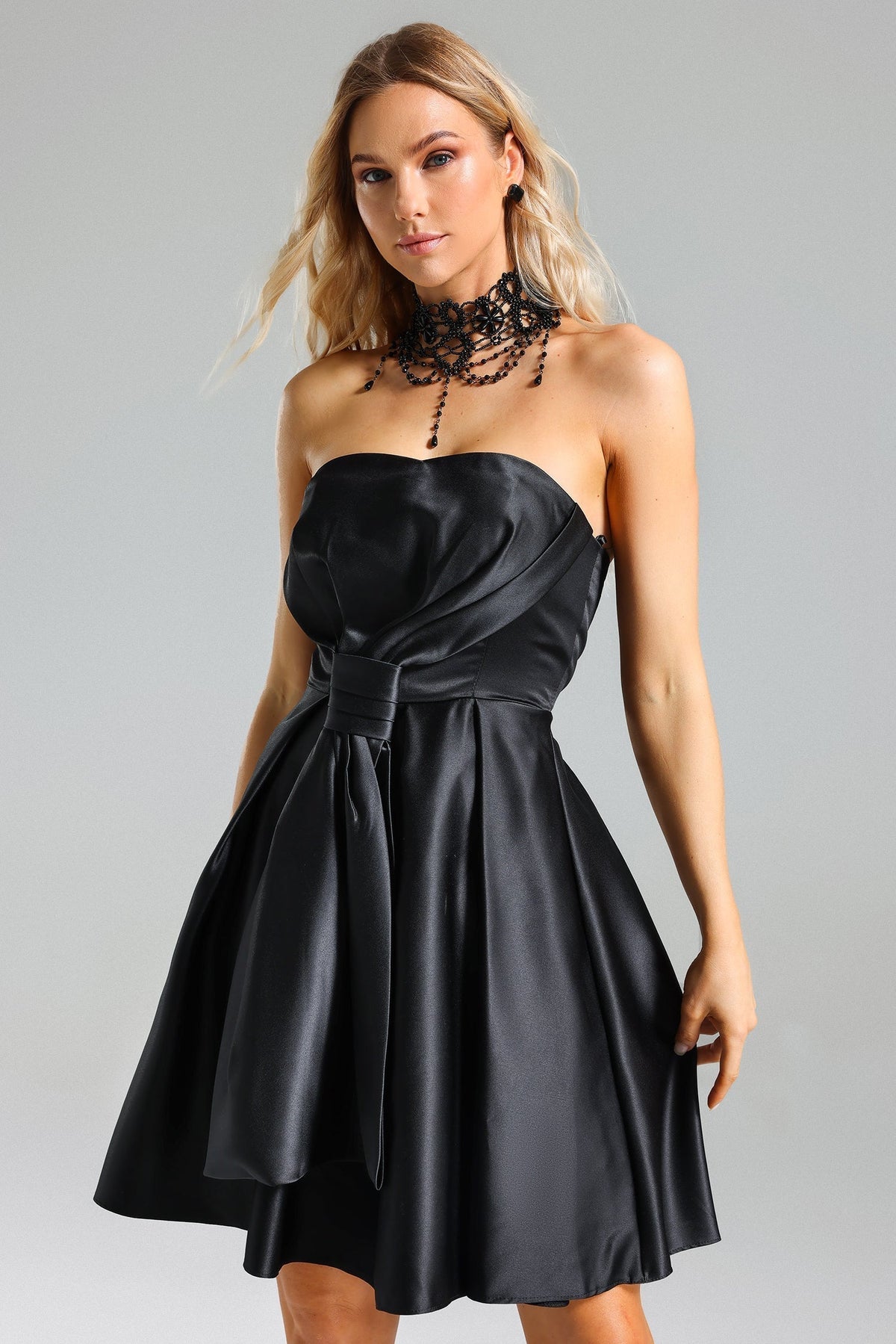 Satin Strapless Sweetheart Belted Fit and Flare Mini Dress - View 4