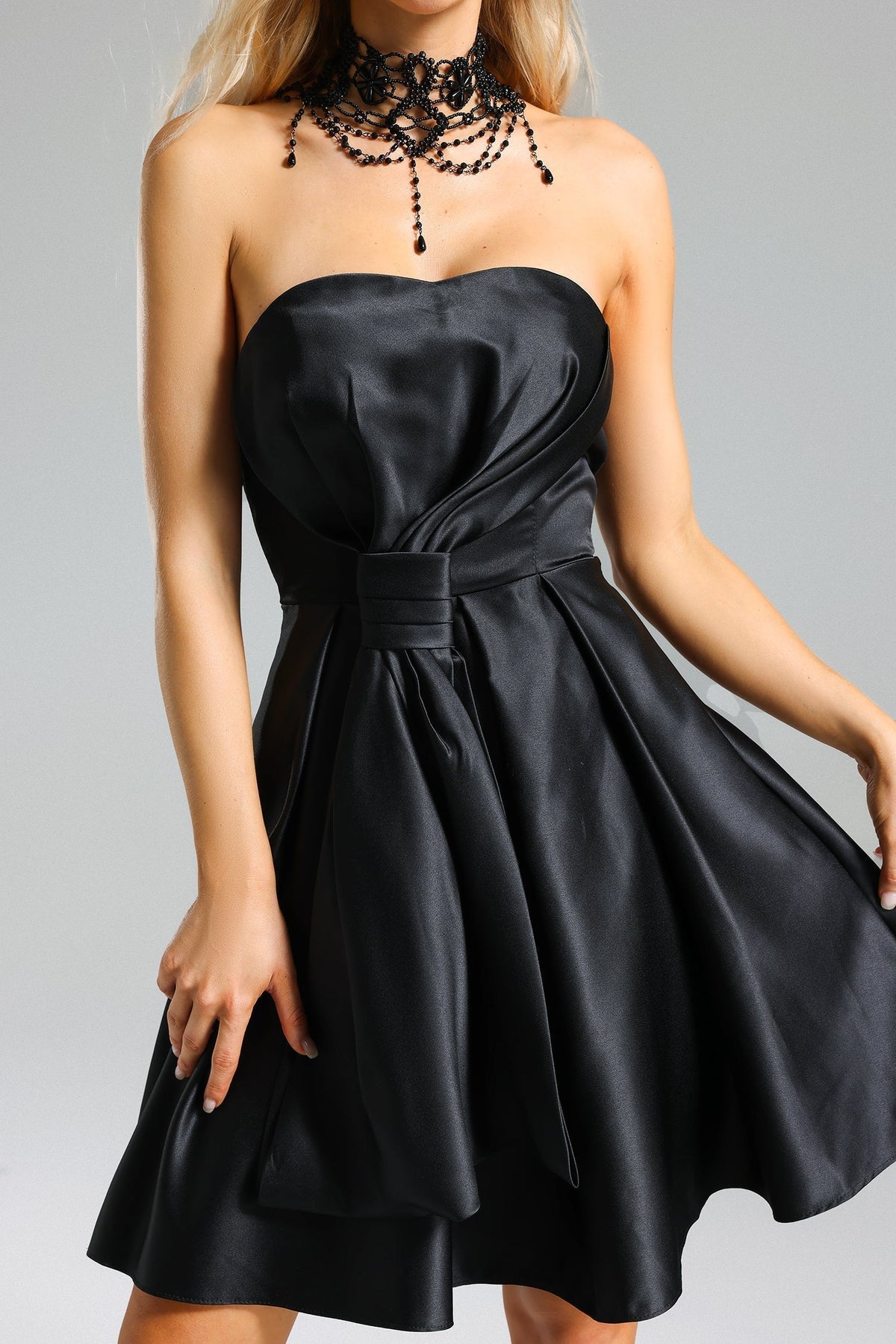 Satin Strapless Sweetheart Belted Fit and Flare Mini Dress - View 5
