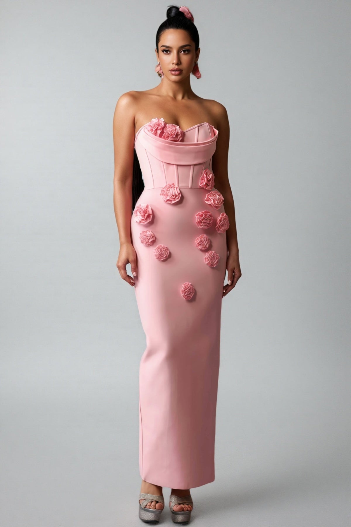 Strapless Corset 3D Rosette Applique Column Maxi Gown - View 2