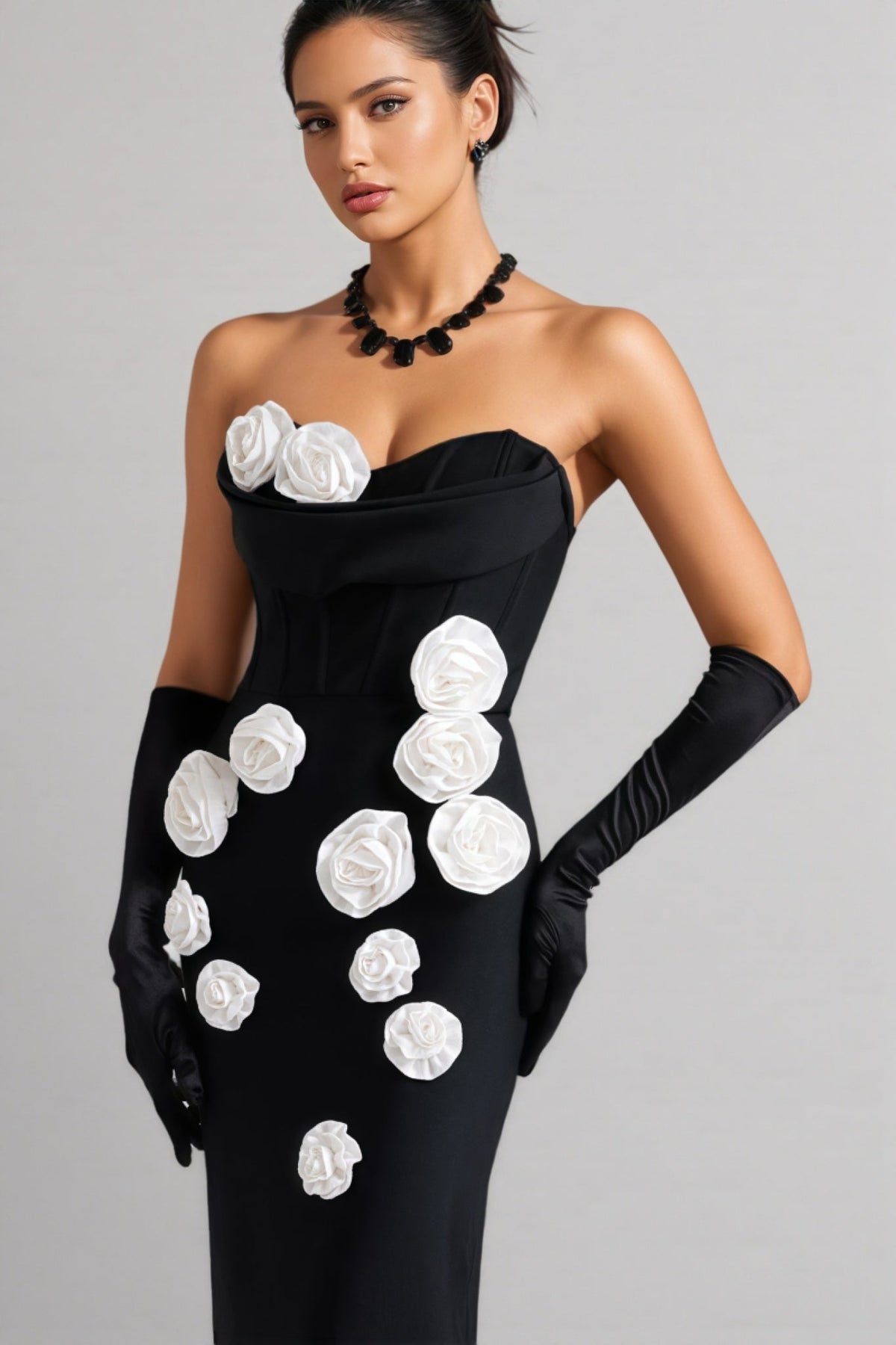 Bandage Strapless Corset Bodice 3D Floral Rosette Column Maxi Gown - View 2