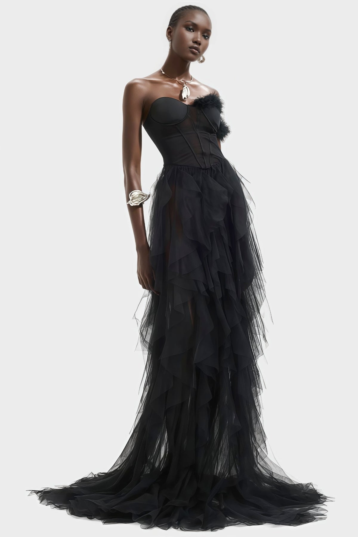 Mia One Shoulder Feather Maxi Dress - View 2