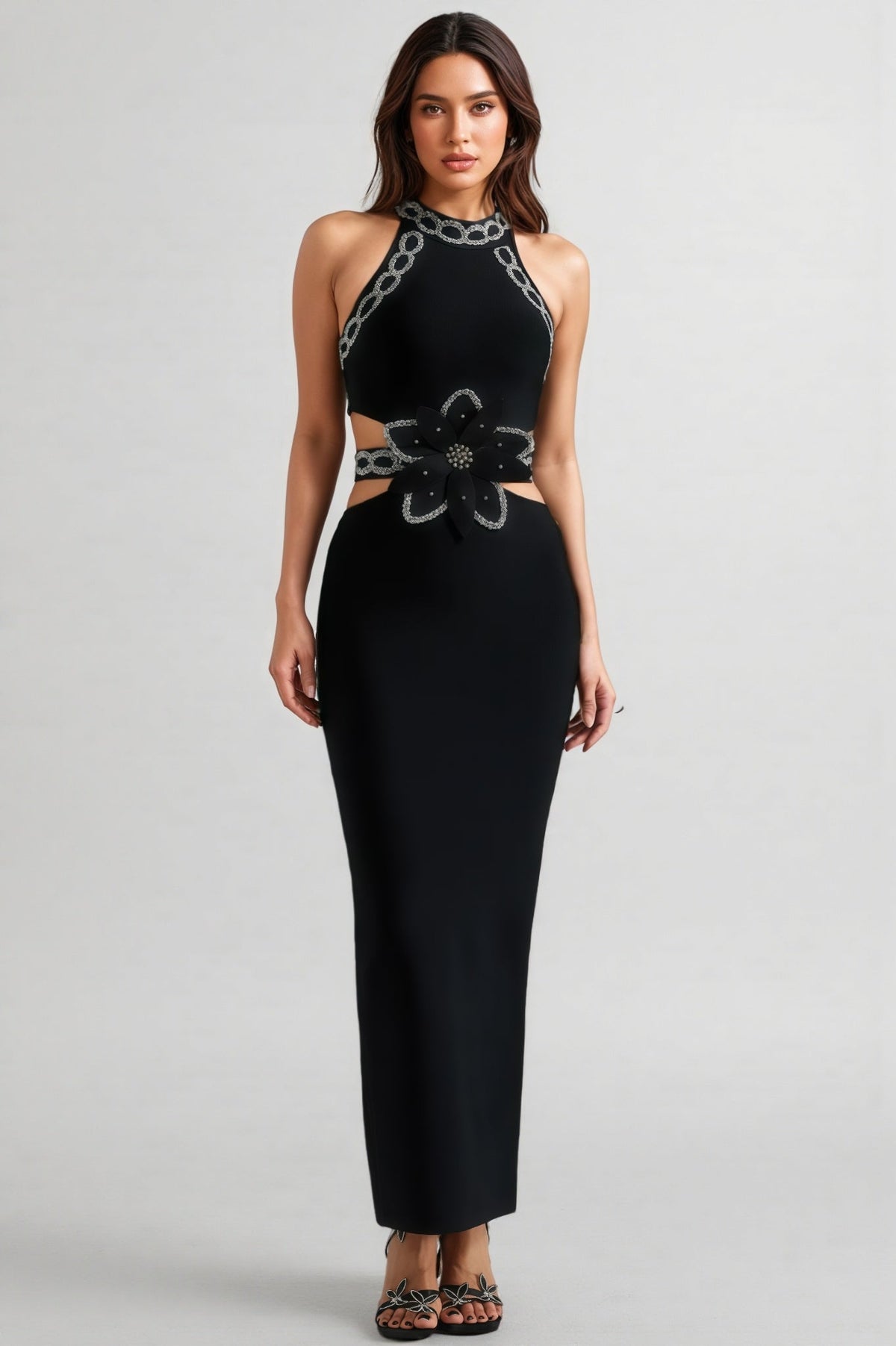 Uriel Glitter Cut Out Bandage Maxi Dress