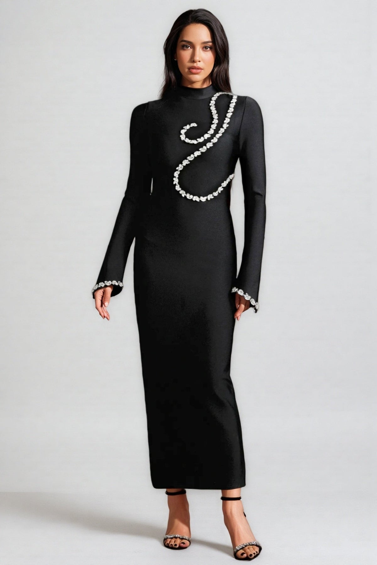 Jersey Diamond Setting Long Sleeve Bandage Maxi Dress