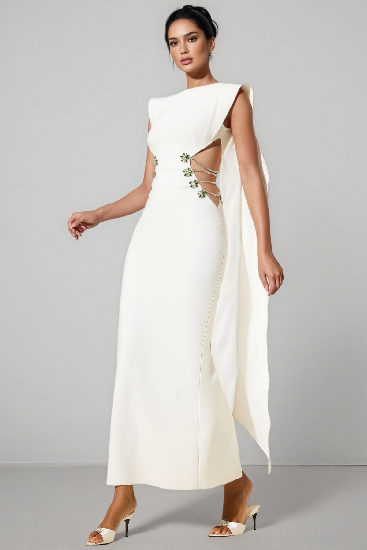 Sleeveless Boat Neck Cape Panel Side Cut Out Beaded Strap Maxi Gown - View 2
