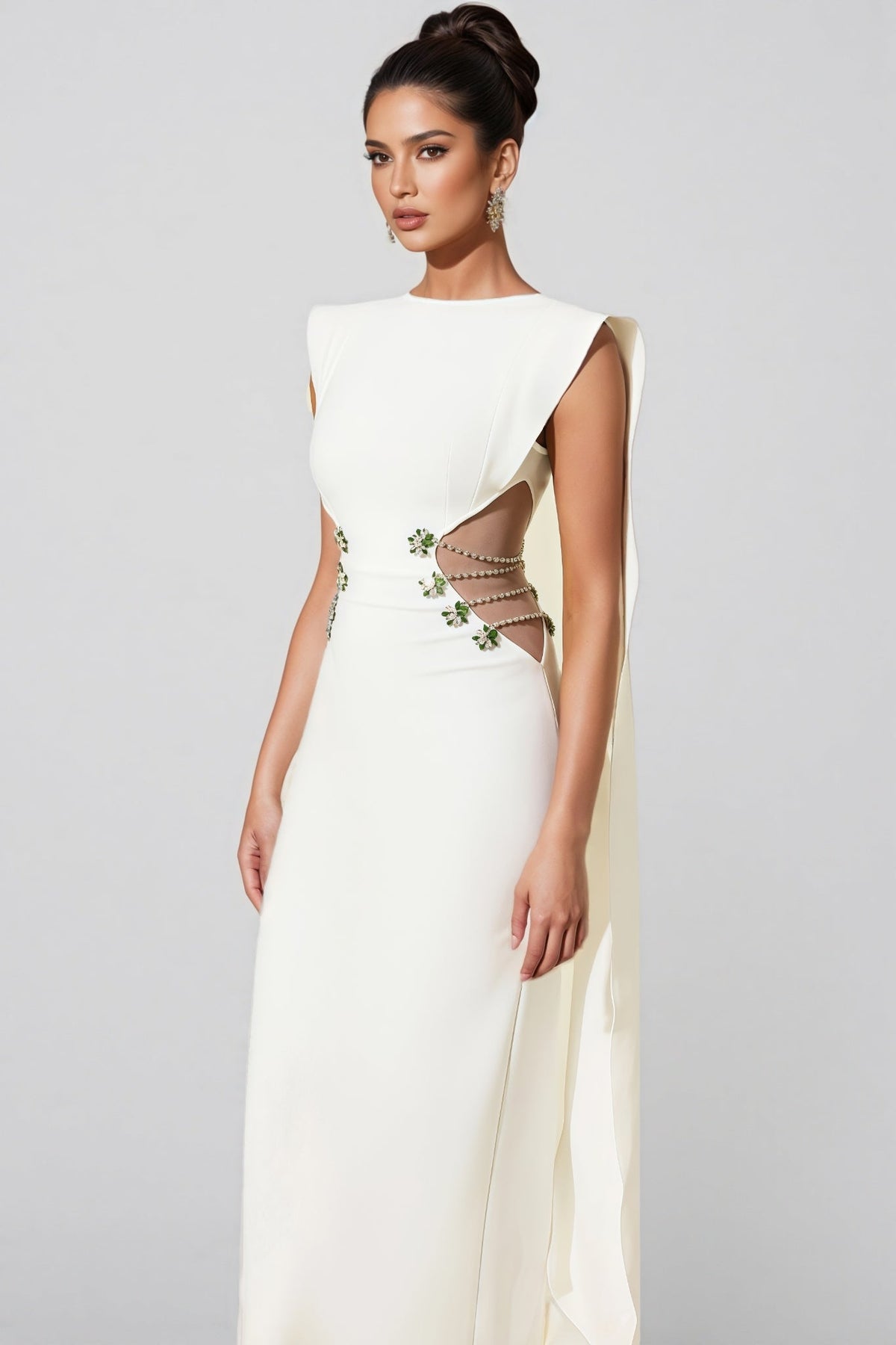 Sleeveless Boat Neck Cape Panel Side Cut Out Beaded Strap Maxi Gown - View 7