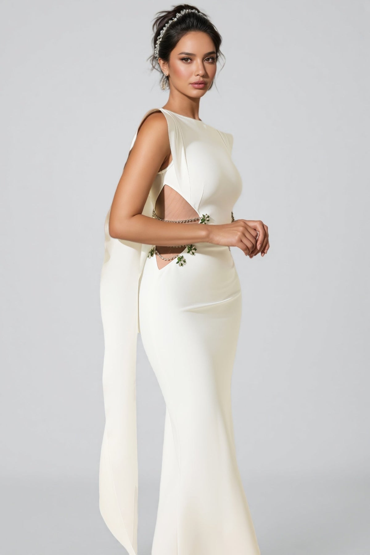 Sleeveless Boat Neck Cape Panel Side Cut Out Beaded Strap Maxi Gown - View 6