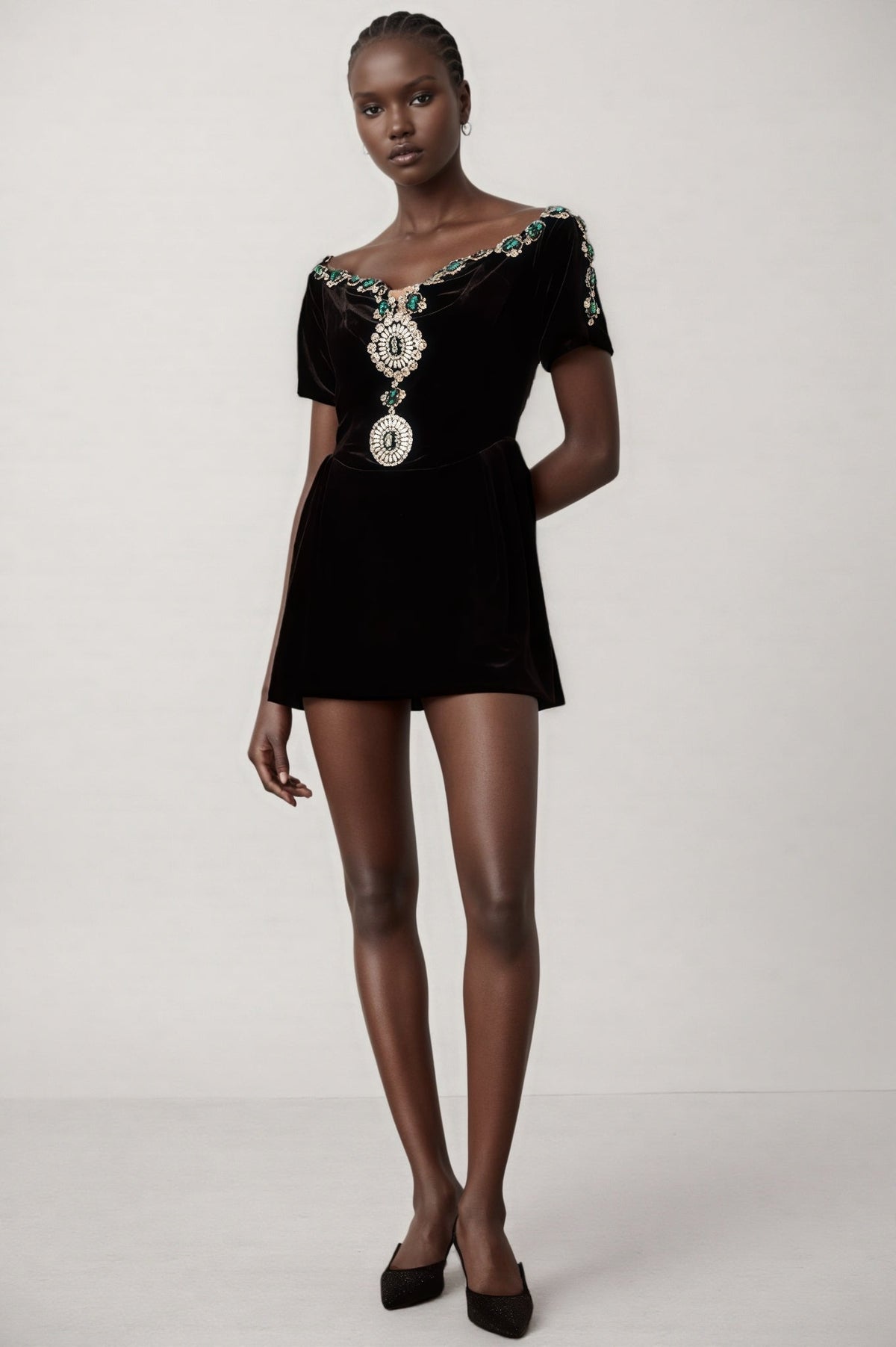 Ivy Black Velvet Embellished Mini Dress - View 4