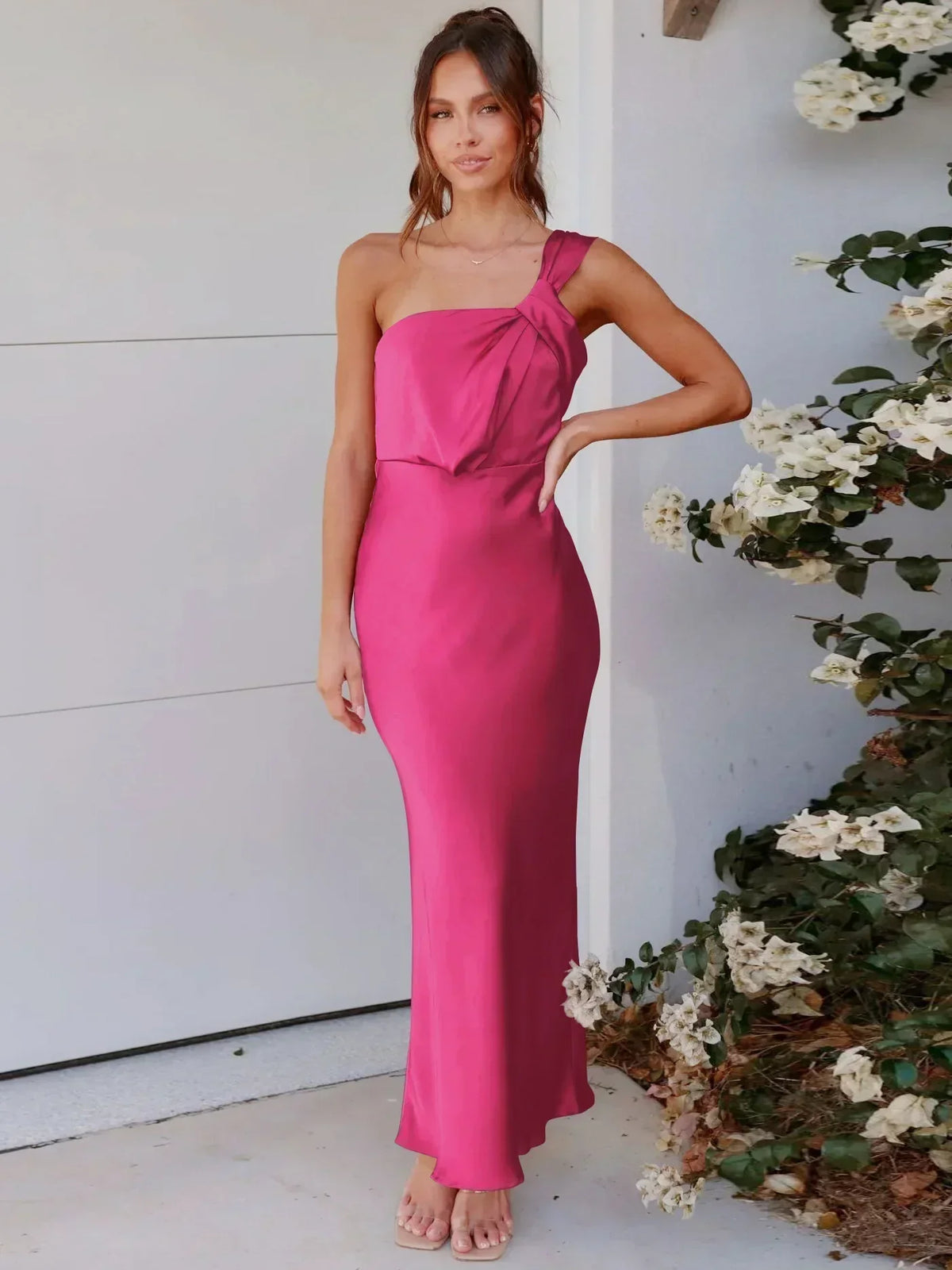 One Shoulder Twist Front Satin Bodycon Maxi Dress 4