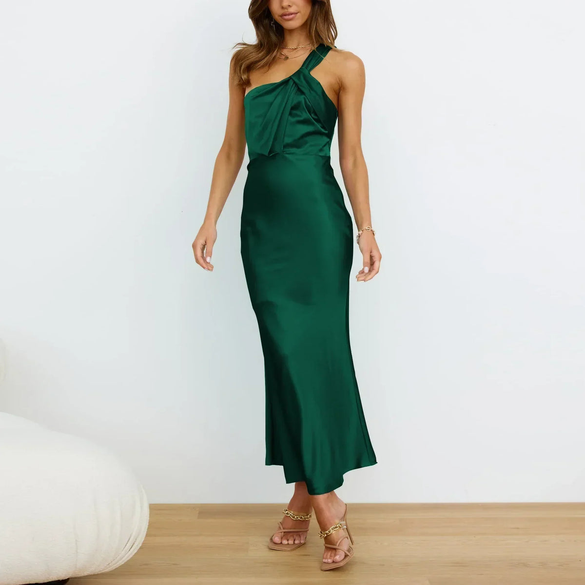 One Shoulder Twist Front Satin Bodycon Maxi Dress 5